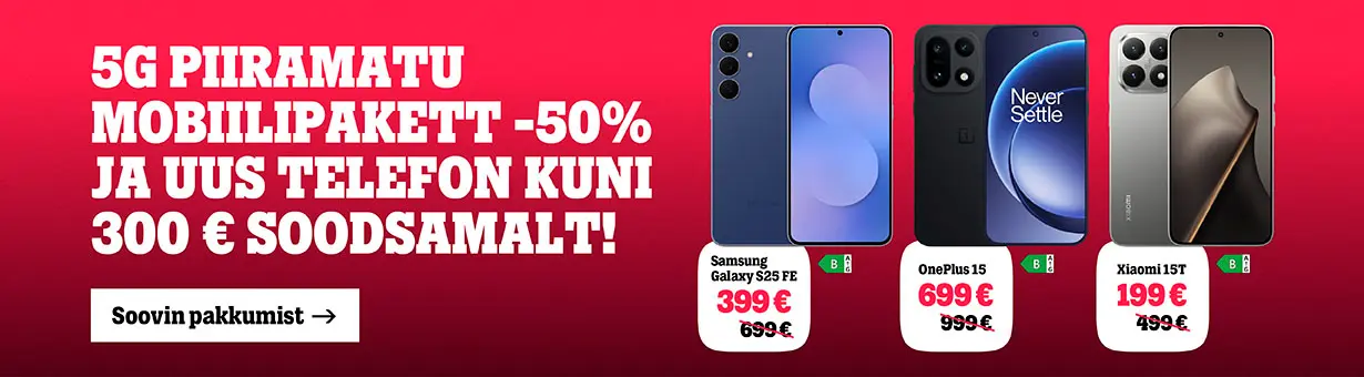 Tele2_Joulud_KOMBOPAKKUMINE 5G piiramatu mobiilipakett miinu 50 protsenti ja uus telefon kuni 300 eurot soodsamalt